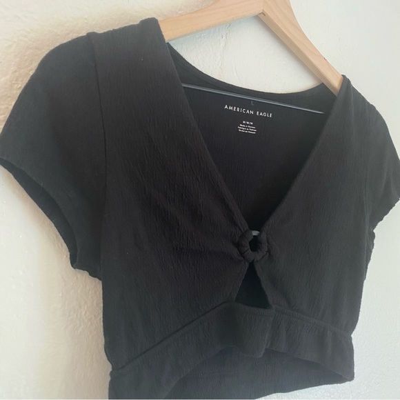 American Eagle Outfitters Black Crop Top with Tie Front and Cap‎ Sleeves - Picture 2 of 4